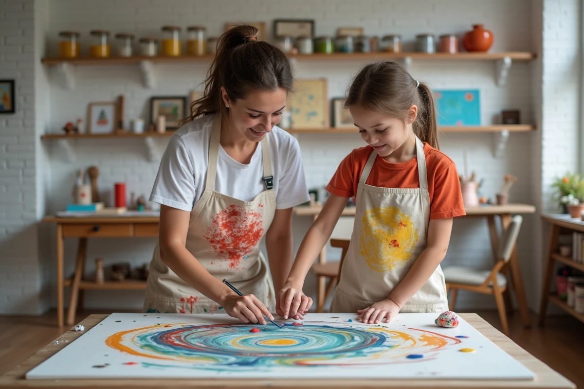 Mère et fille peignant ensemble sur une grande toile dans un atelier créatif à la maison