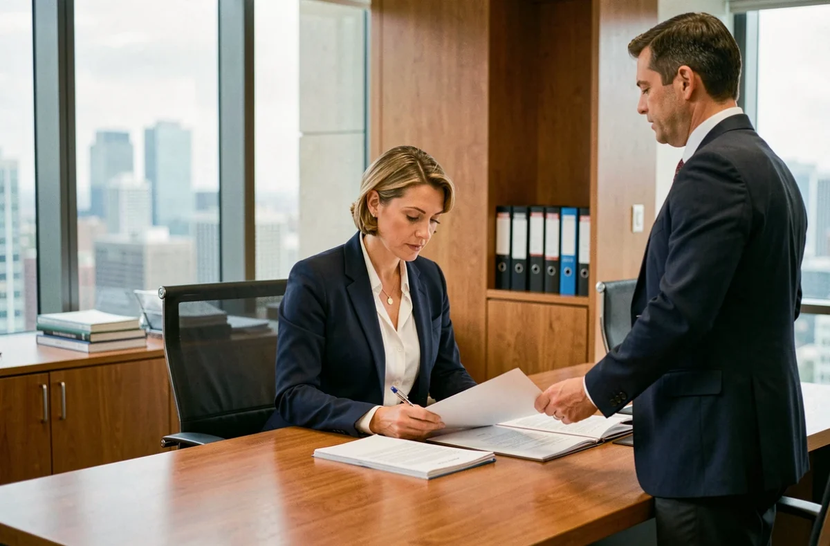 Adjointe de direction professionnelle révisant des documents dans un bureau exécutif moderne avec un collègue