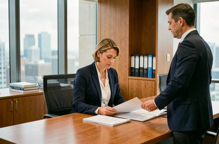 Adjointe de direction professionnelle révisant des documents dans un bureau exécutif moderne avec un collègue