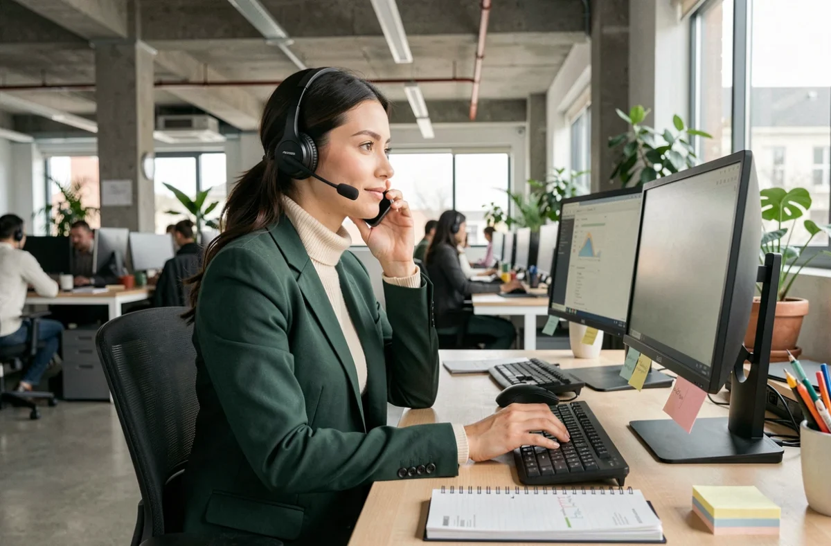 Adjointe de direction en multitâche au bureau avec casque téléphonique et double écran dans un espace de travail ouvert