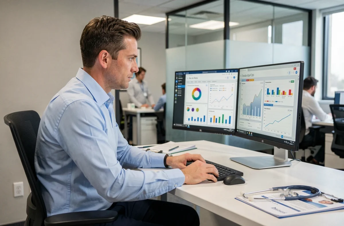 Administrateur de santé comparant deux solutions logicielles médicales sur un double écran dans un bureau professionnel