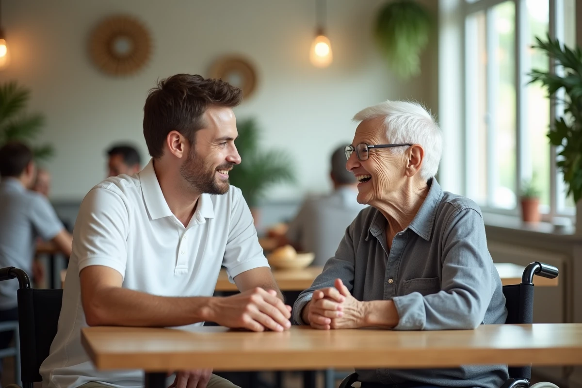 Aide en polo blanc discutant avec résident en fauteuil