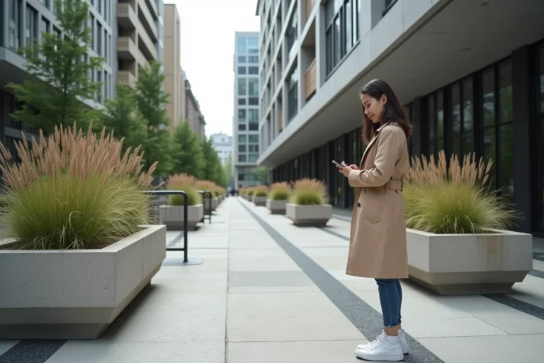 Place urbaine moderne avec mobilier design en béton et bois, végétation ornementale et pavage géométrique en granit dans une ville européenne contemporaine
