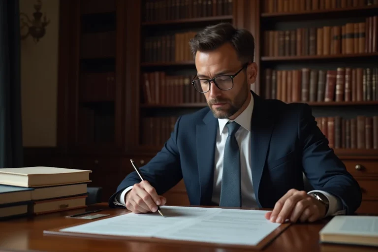 Avocat en costume marine consultant un contrat juridique dans un cabinet d'avocat parisien classique, illustrant l'article 1103 du code civil sur la force obligatoire des contrats