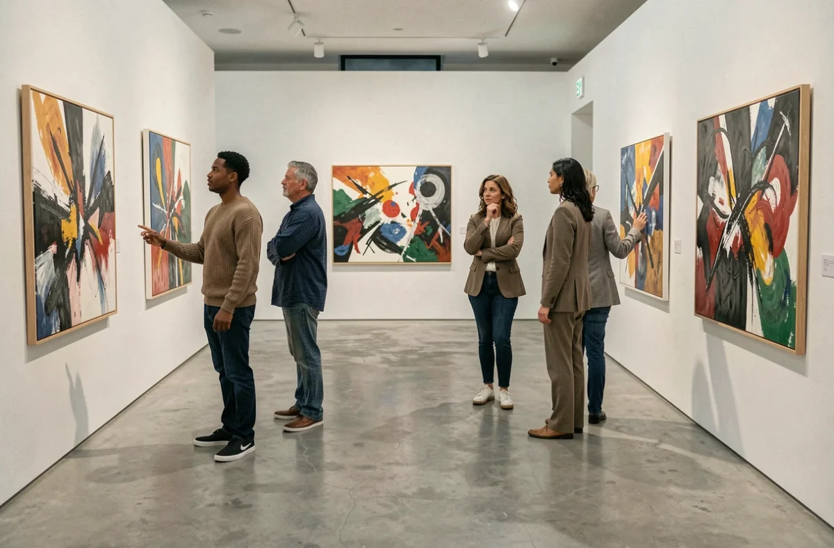 Groupe de personnes contemplant des œuvres d'art dans une galerie moderne, explorant différentes définitions de la beauté