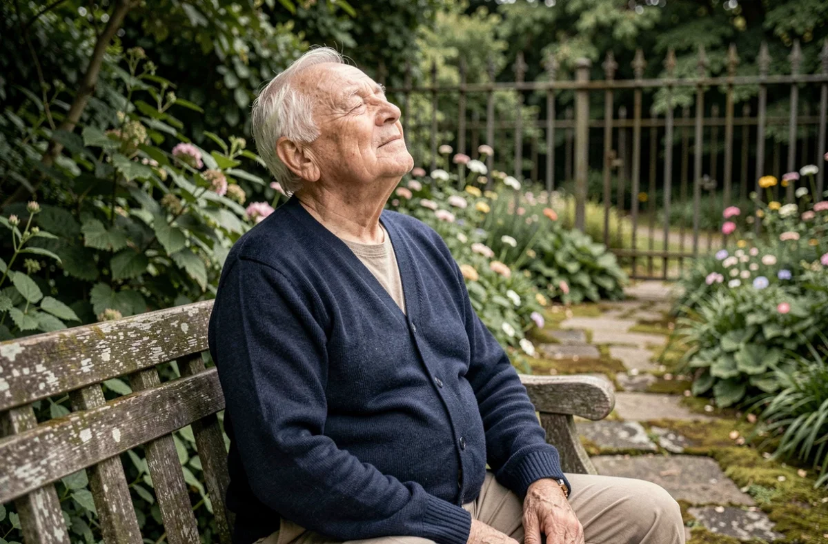 Homme âgé assis dans un jardin botanique, visage serein tourné vers le ciel, incarnant la beauté de la sagesse et de l'instant présent