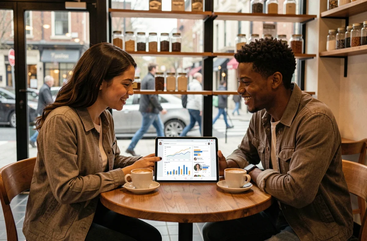Deux jeunes professionnels collaborant sur une stratégie de commerce en ligne autour d'une tablette dans un café urbain