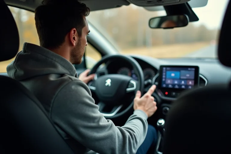 Conducteur appuyant sur l'écran tactile pour couper la radio dans un Peugeot 2008