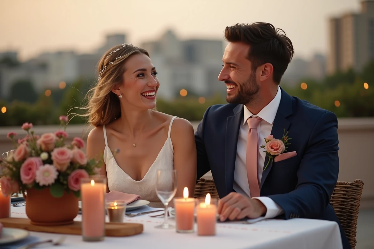 Couple de mariés riant lors de la réception en terrasse urbaine avec décoration de table en lin et fleurs en vases terracotta