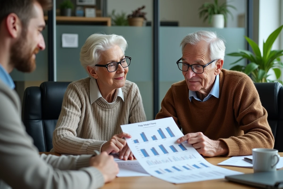 Couple retraité discutant de pension avec conseiller en bureau