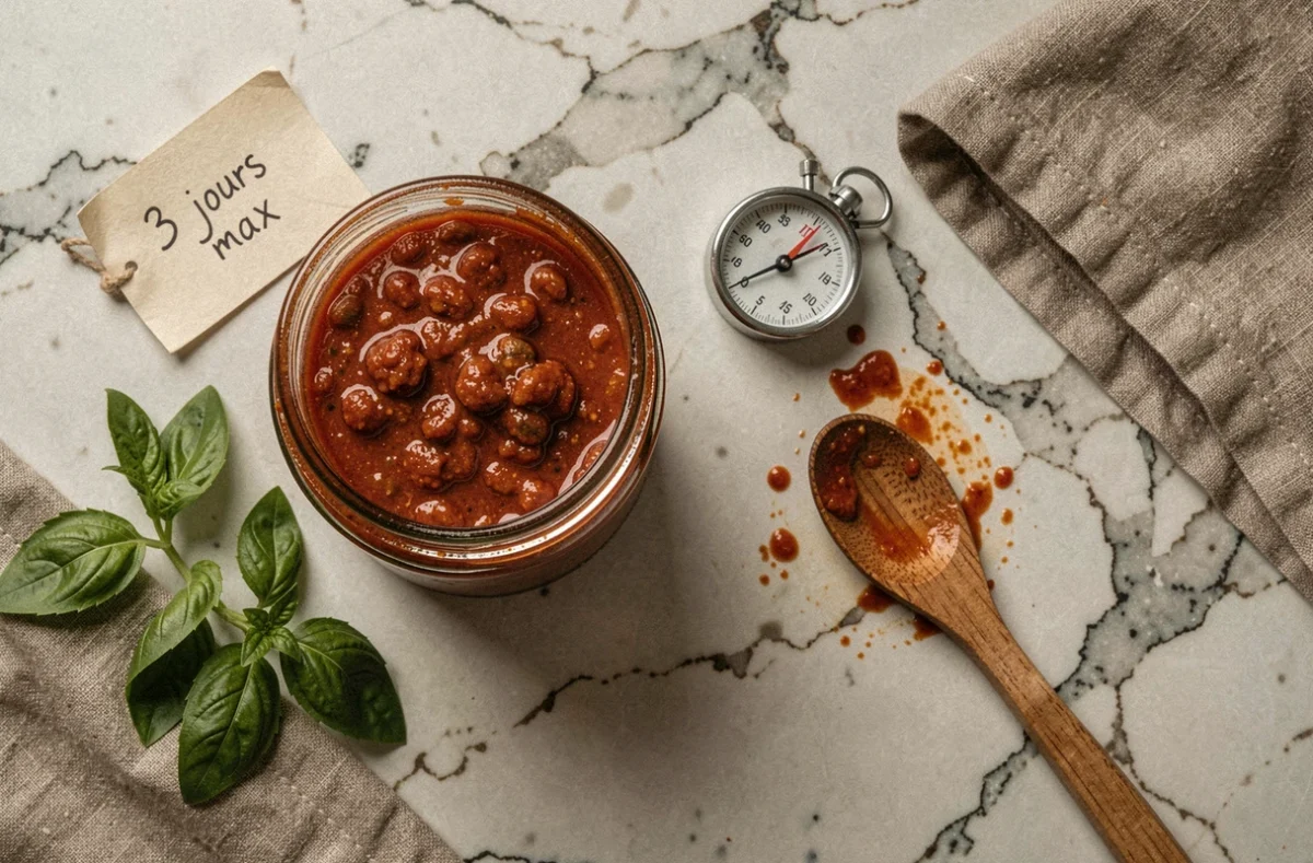 Vue du dessus d'une sauce bolognaise maison en bocal étiqueté avec durée de conservation
