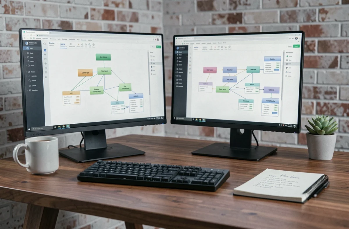 Station de travail avec écrans affichant un logiciel de sitemap et une arborescence de pages web, représentant l'optimisation de la structure d'un site