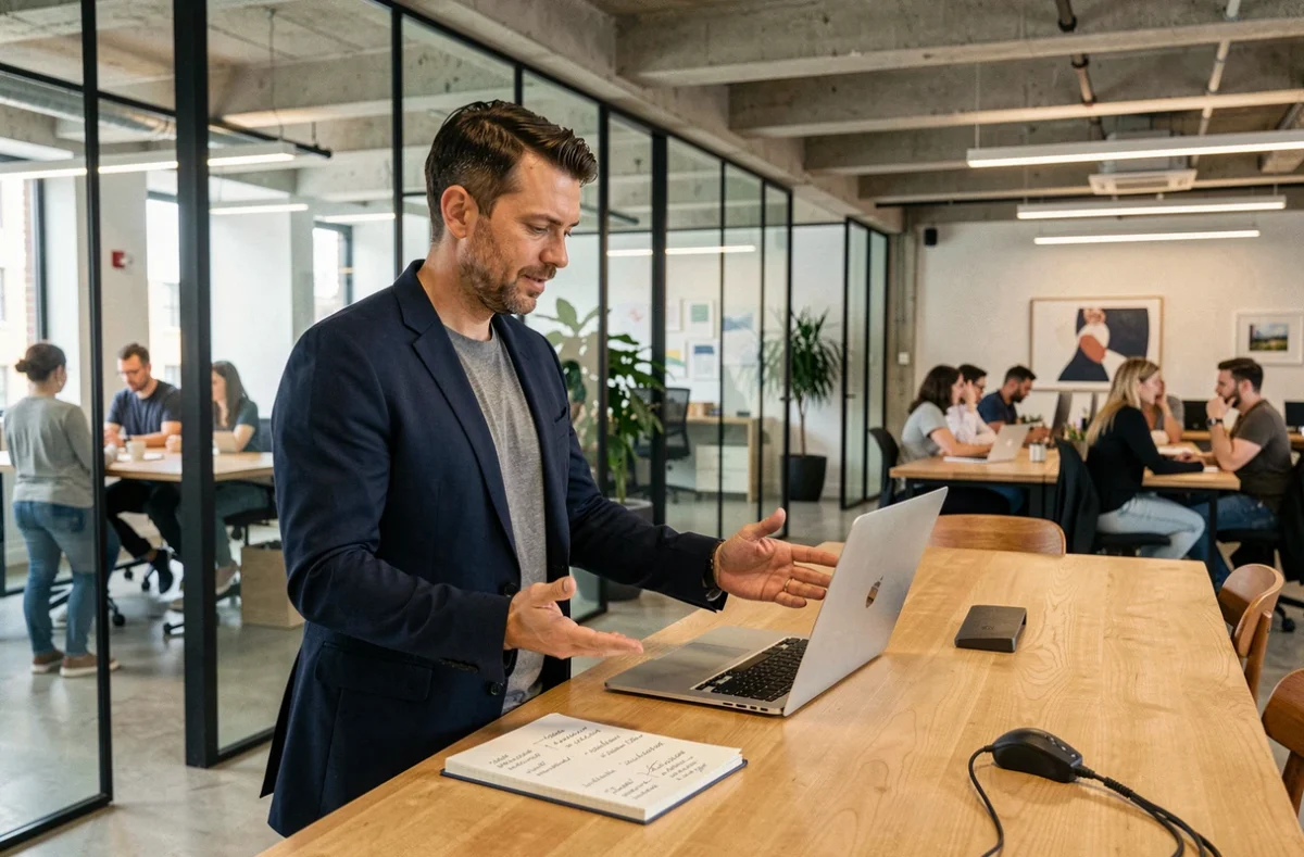 Entrepreneur masculin travaillant sur sa stratégie de business en ligne dans un espace de coworking moderne et dynamique