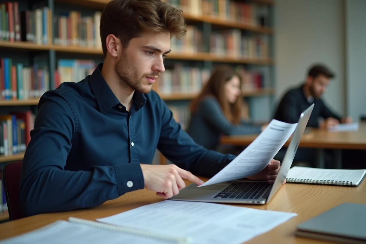 Étudiant consultant les instructions de dépôt de candidature eCandidat dans une bibliothèque universitaire