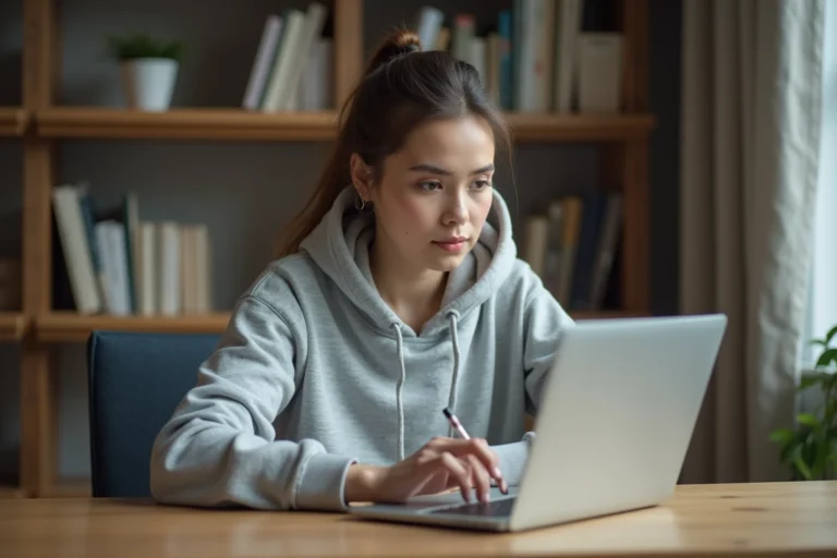 Étudiante remplissant une candidature en ligne sur eCandidat depuis son bureau à domicile
