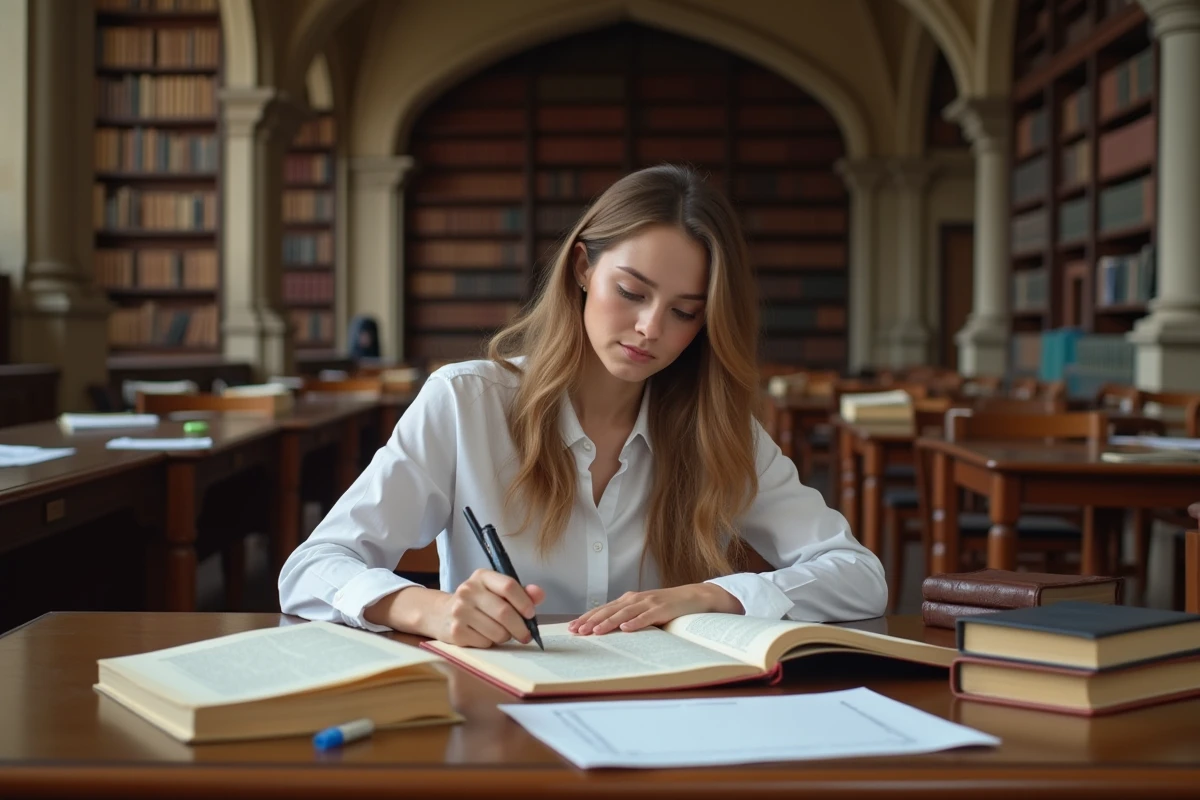 Étudiante en droit annotant le Code civil français dans une bibliothèque universitaire, représentant l'étude et la compréhension de l'article 1103 relatif à la force obligatoire des conventions