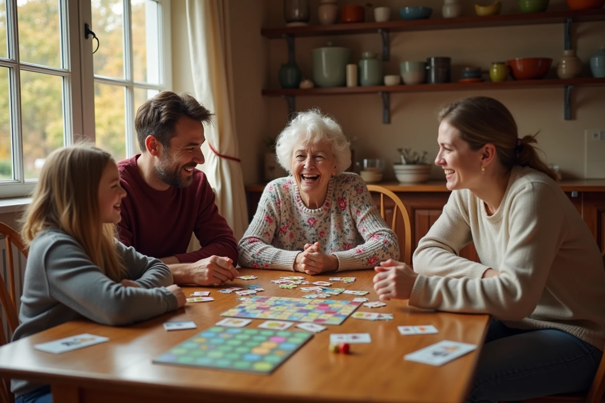 Famille multigénérationnelle jouant à des jeux de société ensemble autour d'une table en bois dans une cuisine chaleureuse