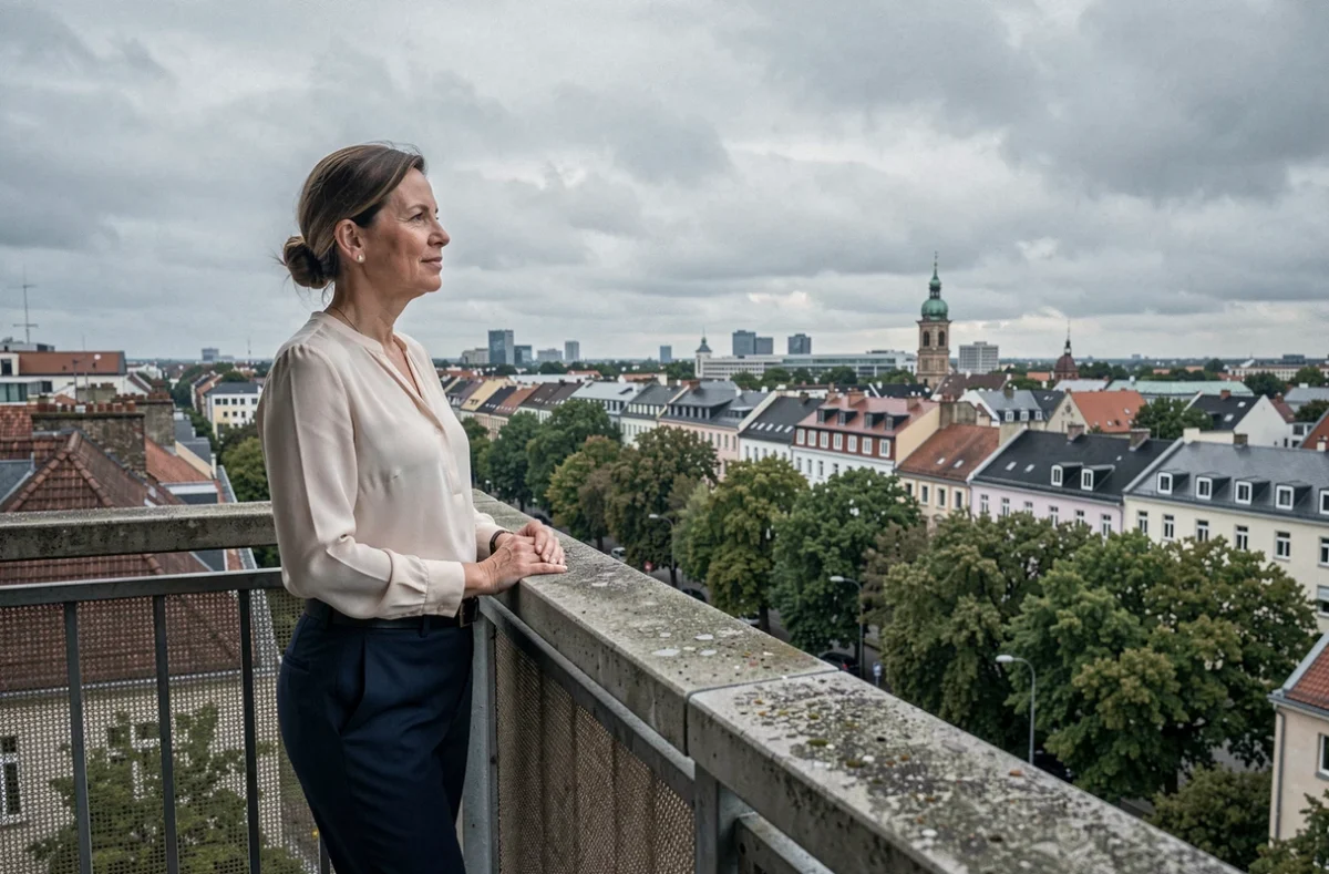 Femme contemplative sur un balcon urbain, symbolisant la vie en solo et la réflexion personnelle