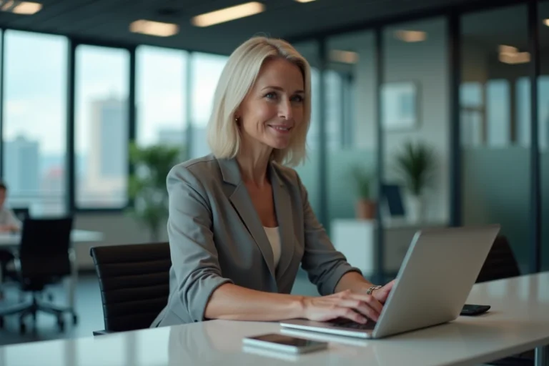 Femme d affaires concentrée sur son ordinateur dans un bureau moderne