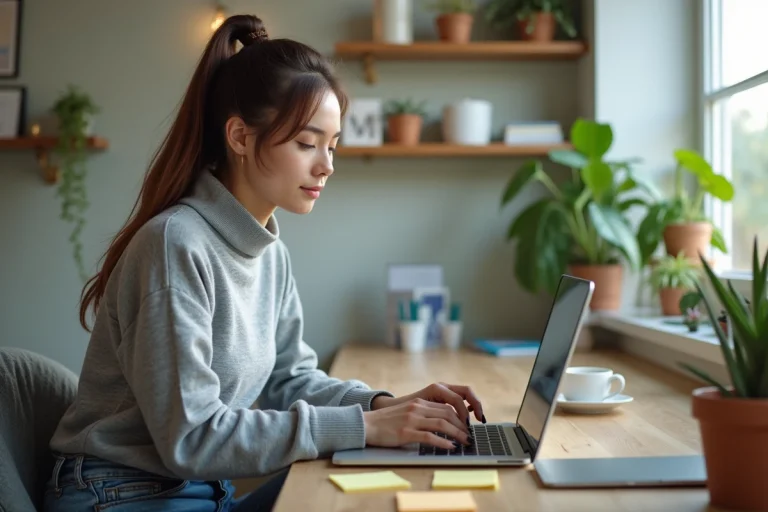 Jeune femme organisée sur son ordinateur dans un bureau cosy