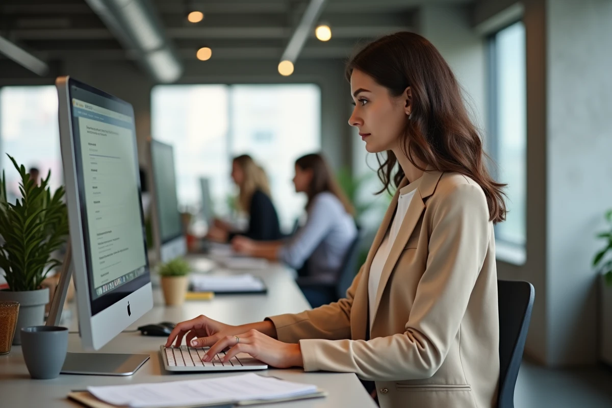 Femme déposant des documents pour une candidature universitaire sur eCandidat dans un espace de coworking