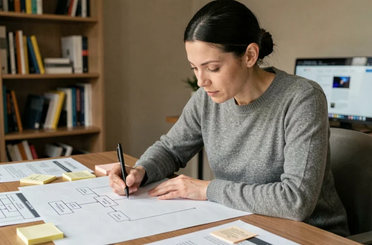 Femme dessinant un plan de sitemap hiérarchique sur papier dans un bureau moderne, illustrant l'organisation de la structure d'un site web