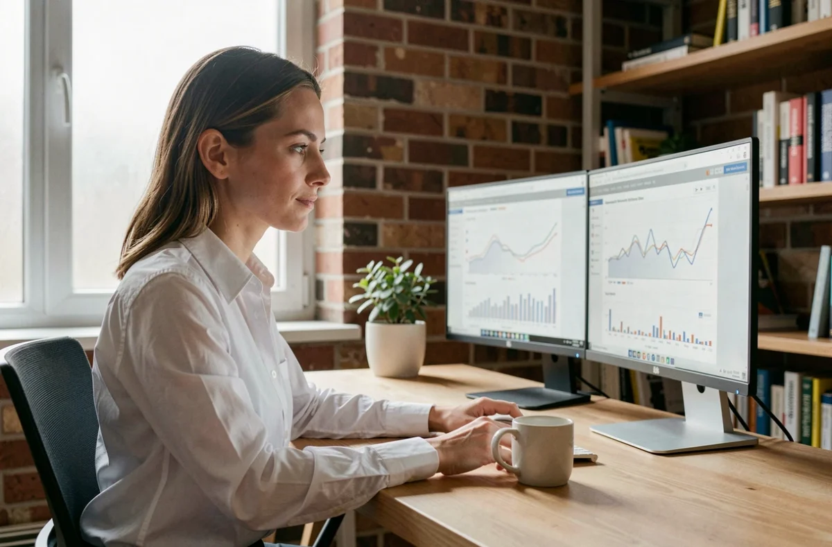 Femme entrepreneur concentrée analysant des données de business en ligne sur deux écrans dans un bureau moderne à domicile