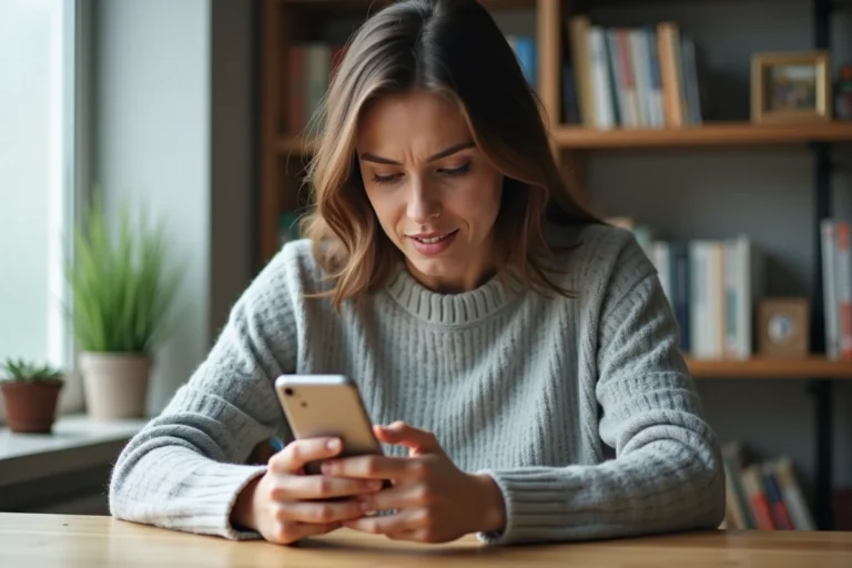 Femme consultant l'historique d'appels sur son smartphone pour retrouver un numéro manqué