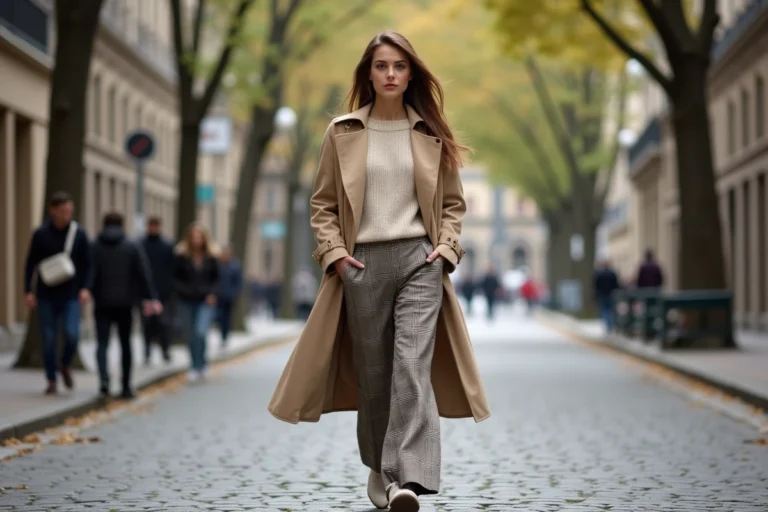 Femme élégante en trench beige dans une rue urbaine