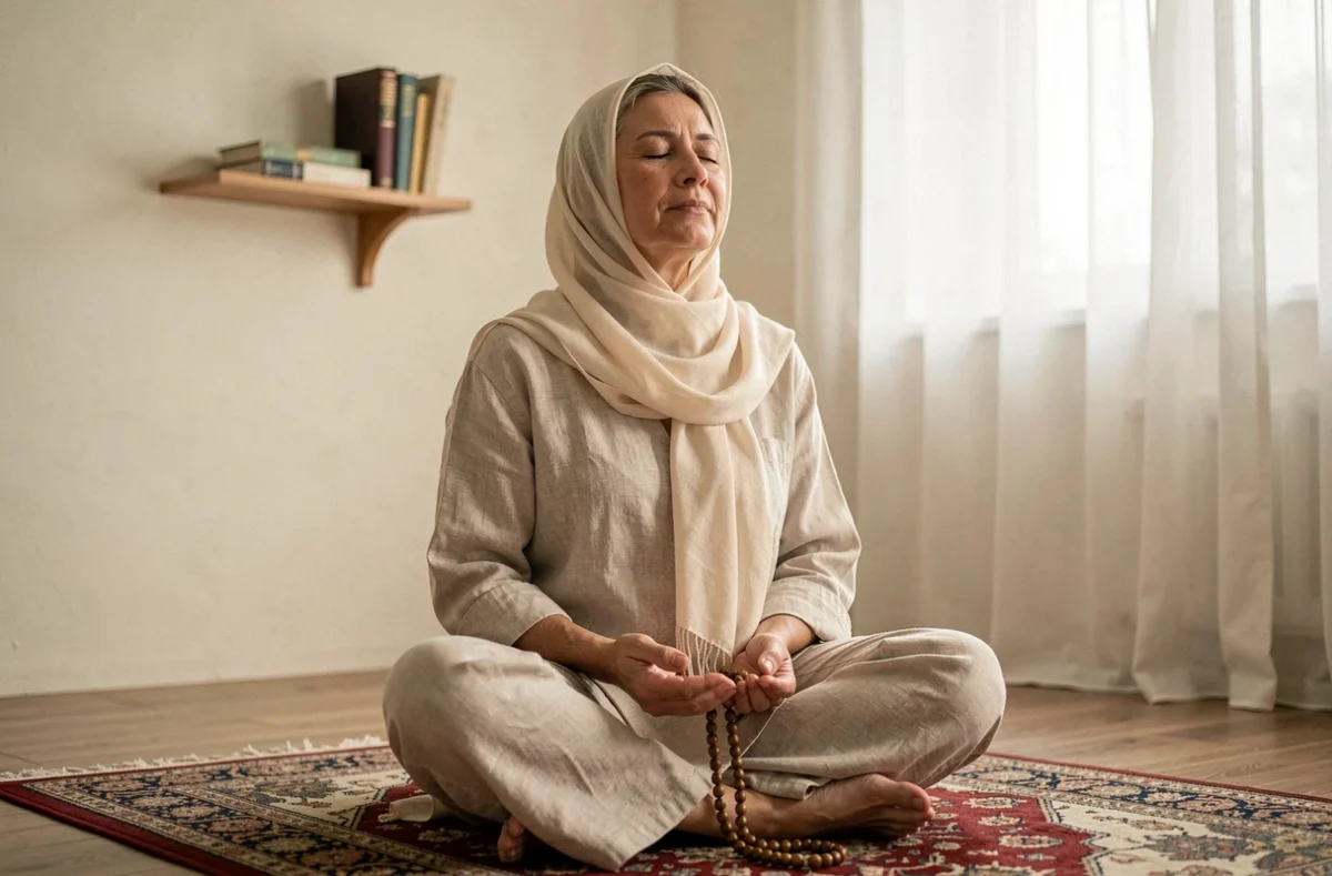 Femme en prière sur un tapis dans une pièce paisible, évoquant la spiritualité et la vie religieuse solitaire