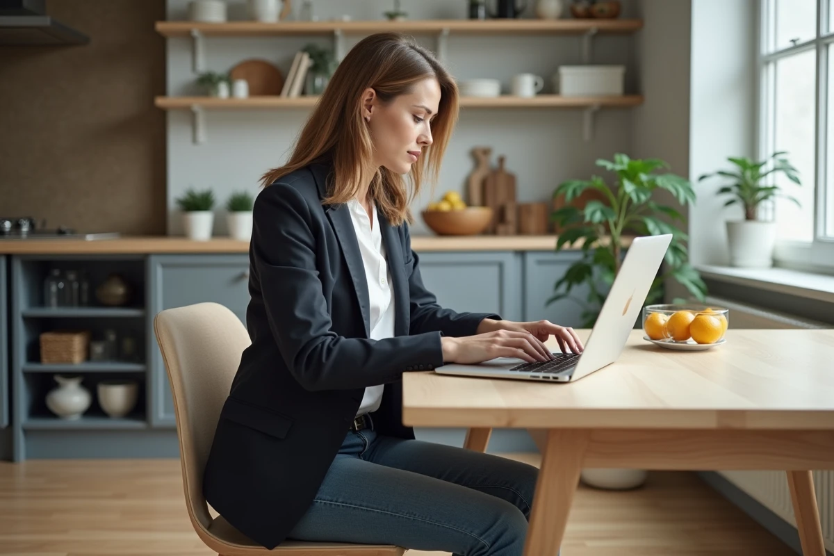 Femme en blazer et jeans consulte des actualites immobilières