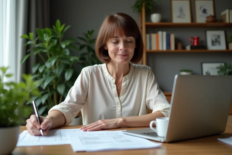 Femme d'âge moyen examinant des documents de pension à la maison