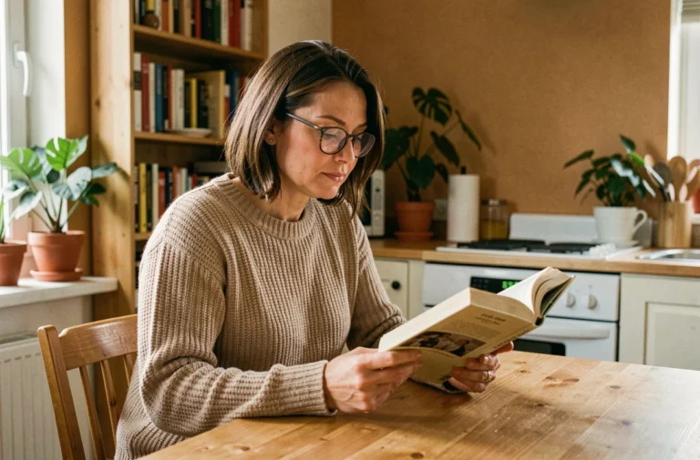 Femme seule lisant un livre dans son appartement, reflétant l'autonomie et la vie indépendante