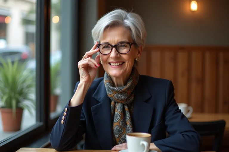 Femme élégante de 70 ans ajustant ses lunettes dans un café
