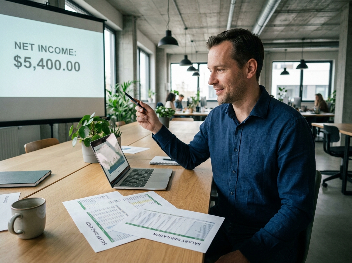 Freelance homme en espace de coworking analysant une simulation de salaire en portage salarial