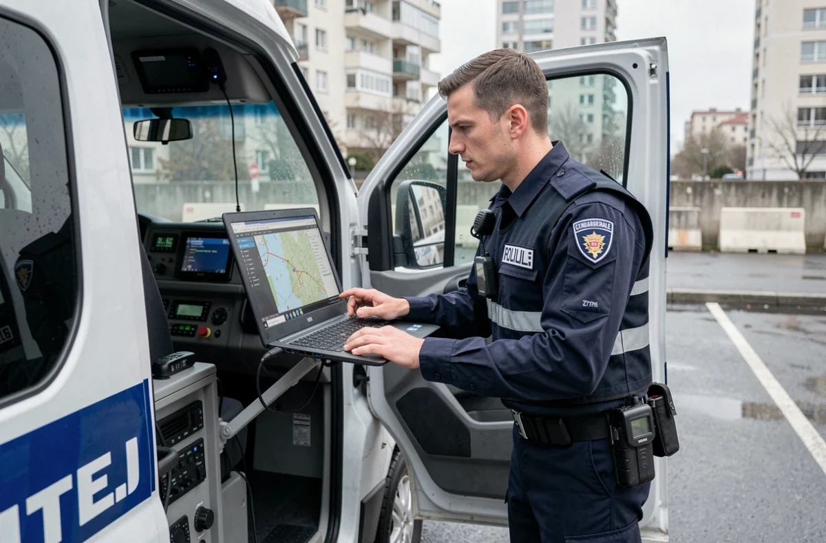 Gendarme accédant à un terminal informatique embarqué dans un véhicule de commandement en milieu urbain