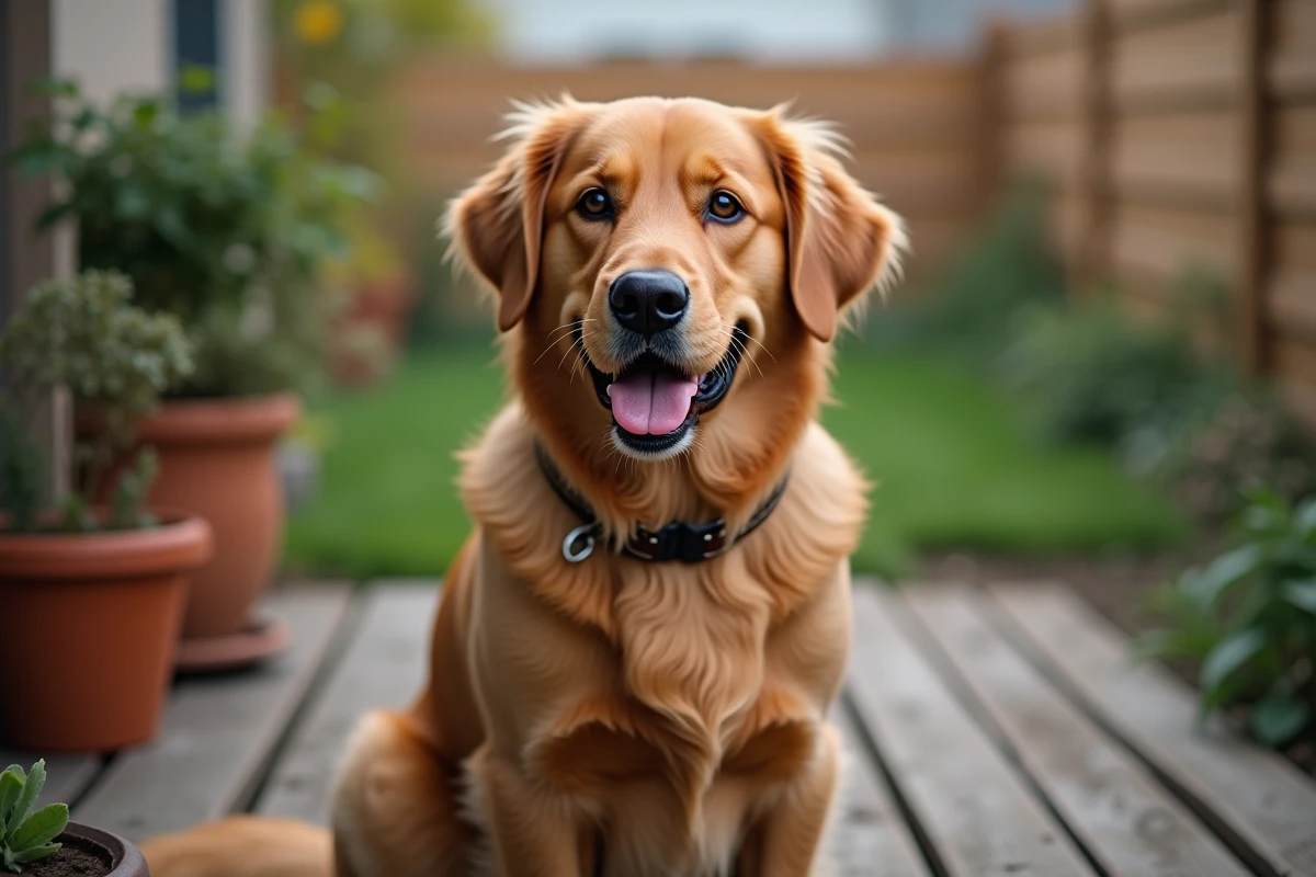 Golden retriever assis sur un porche en bois regardant l'objectif avec une expression détendue et naturelle