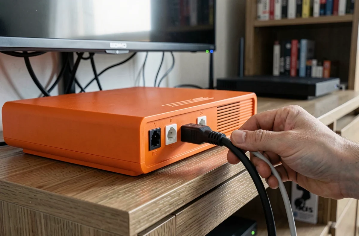 Gros plan sur un décodeur Orange avec une main rebranchant le câble d'alimentation pour réinitialiser l'appareil