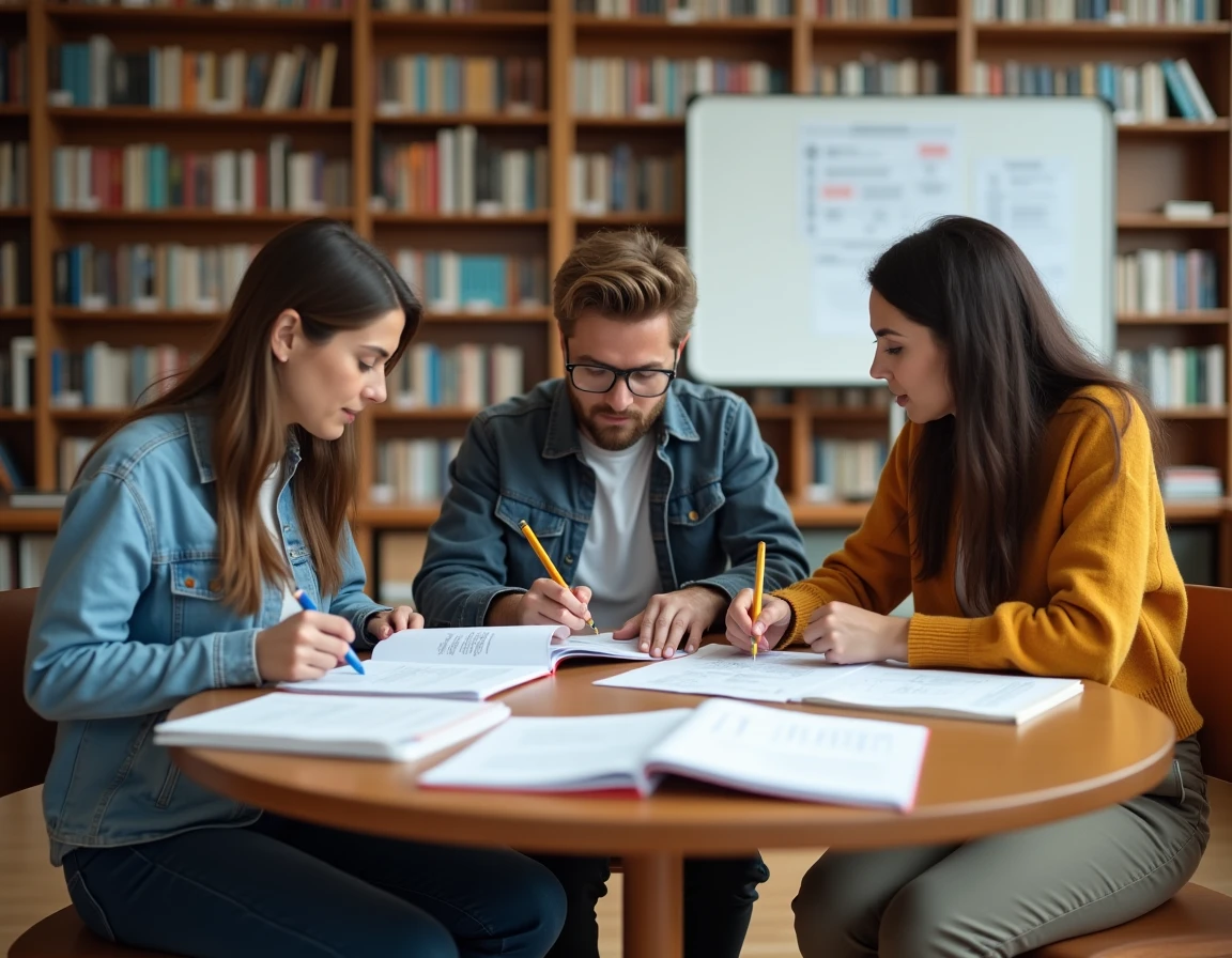 Groupe de candidats étudiant ensemble des exercices de tests psychotechniques dans une bibliothèque