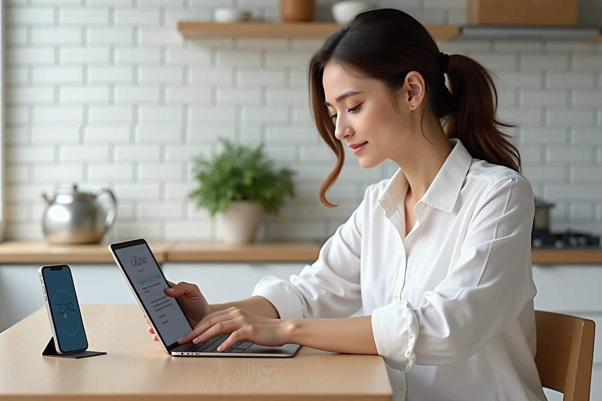 Femme consultant un guide d'installation d'application iOS sur iPad avec un iPhone posé à côté