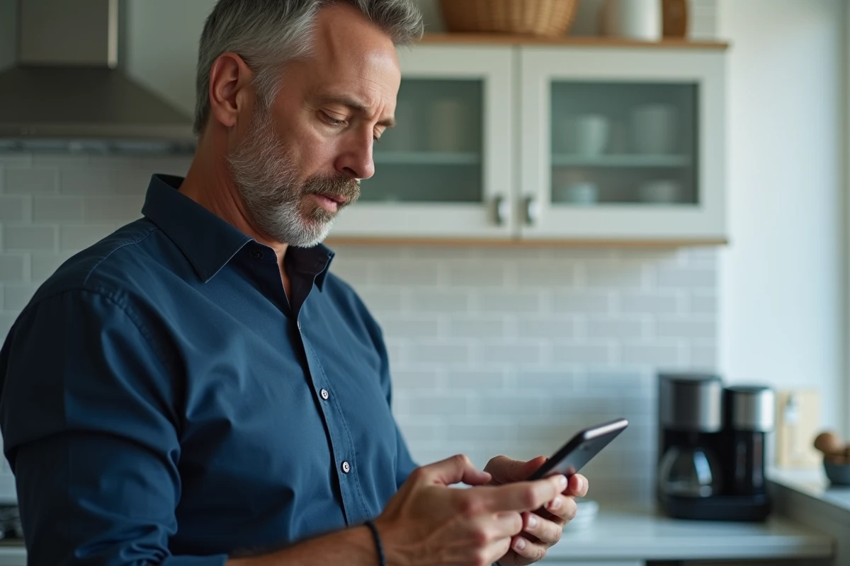 Homme utilisant une application d'appels sur son téléphone pour retrouver ses derniers numéros composés