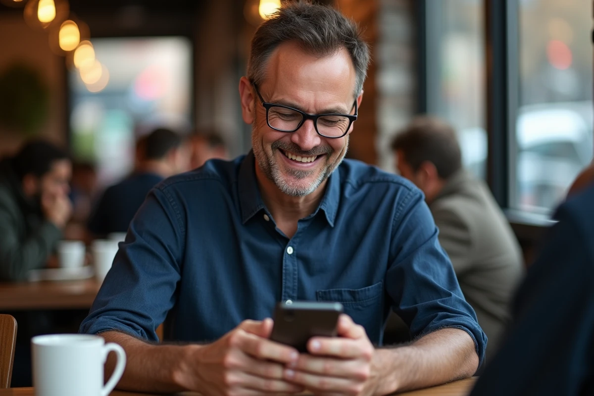 Homme souriant utilisant son smartphone dans un café animé