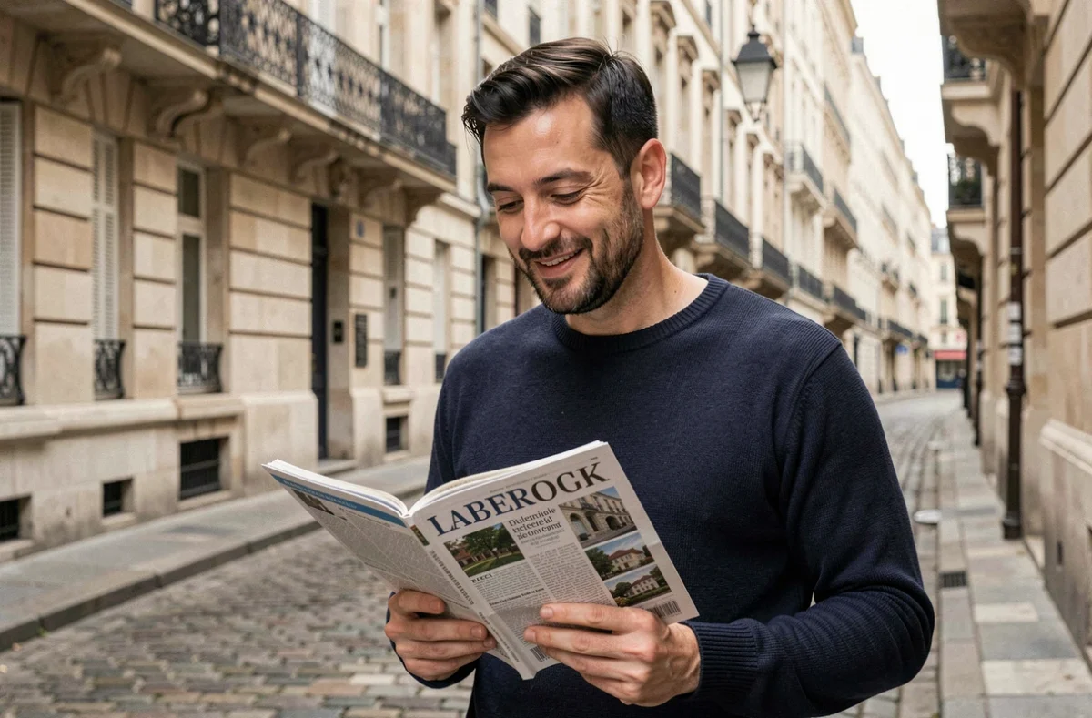 Homme lisant Epershand Magazine dans une rue pavée du centre historique de Bordeaux