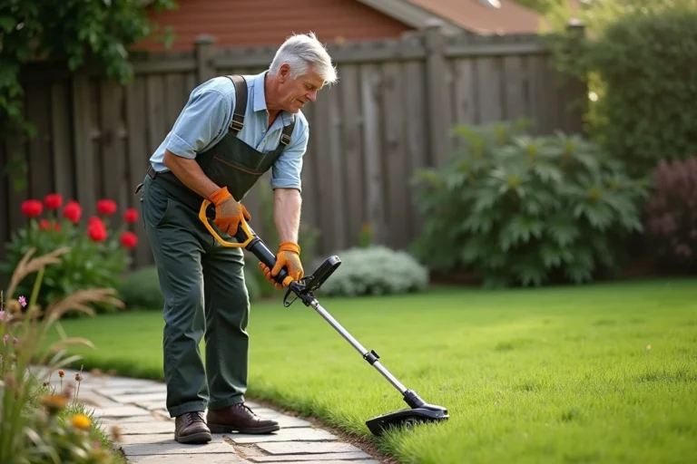 Homme d'âge moyen avec gants de jardinage coupe bordure