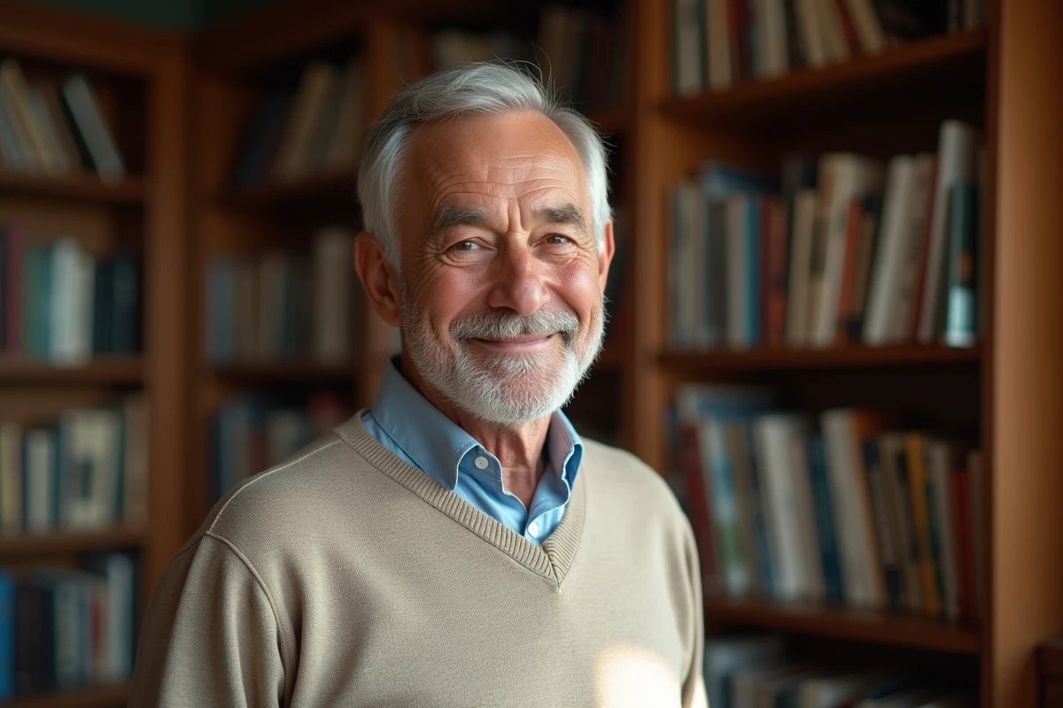 Homme confiant de 72 ans dans une bibliothèque lumineuse
