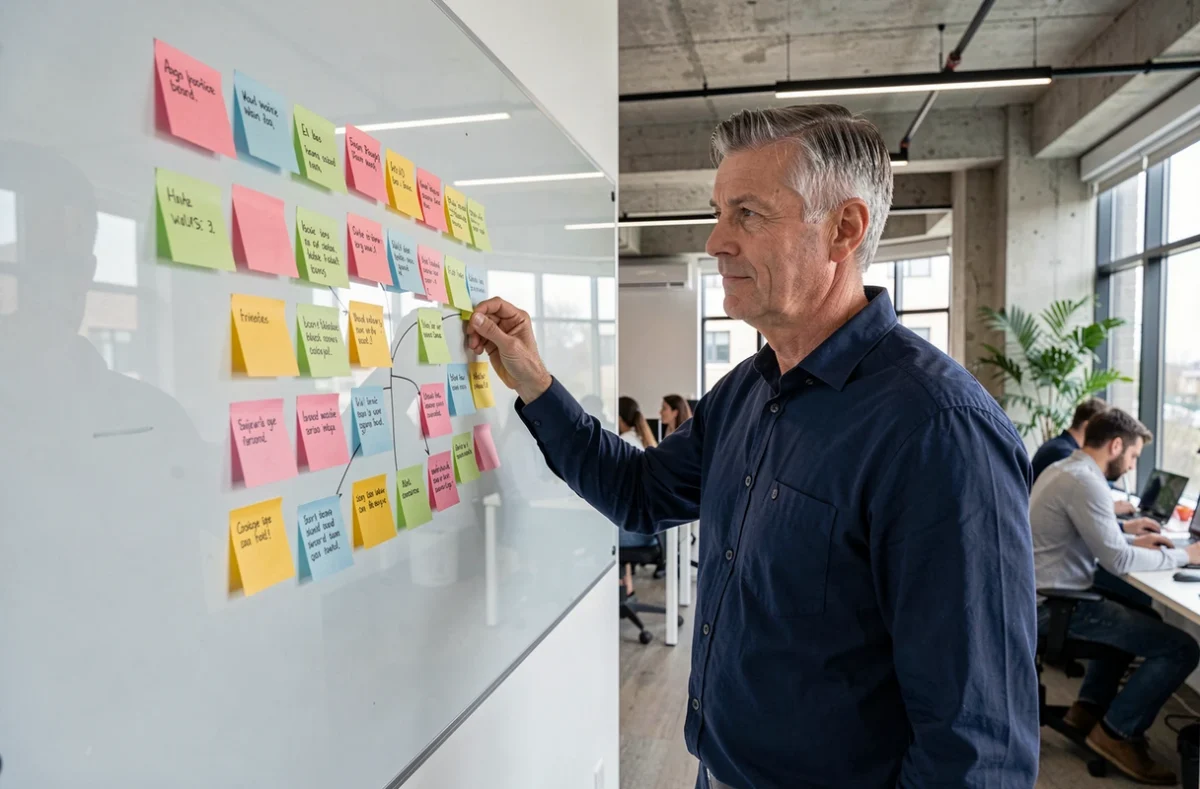 Homme organisant des post-it colorés en arborescence sur un tableau blanc pour structurer un sitemap de site web en agence digitale