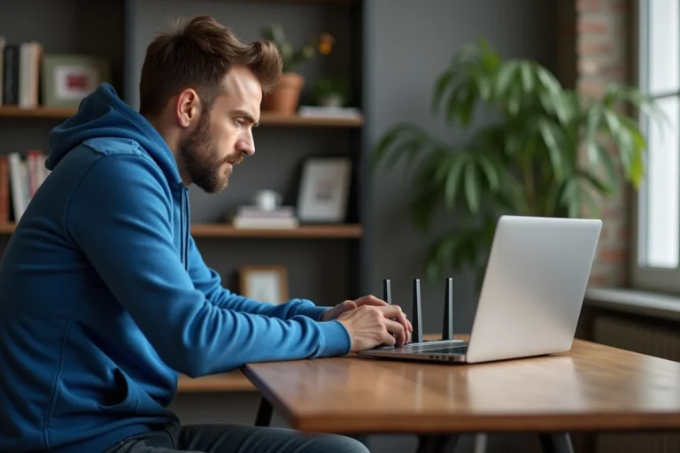 Homme concentré vérifiant un routeur internet à la maison