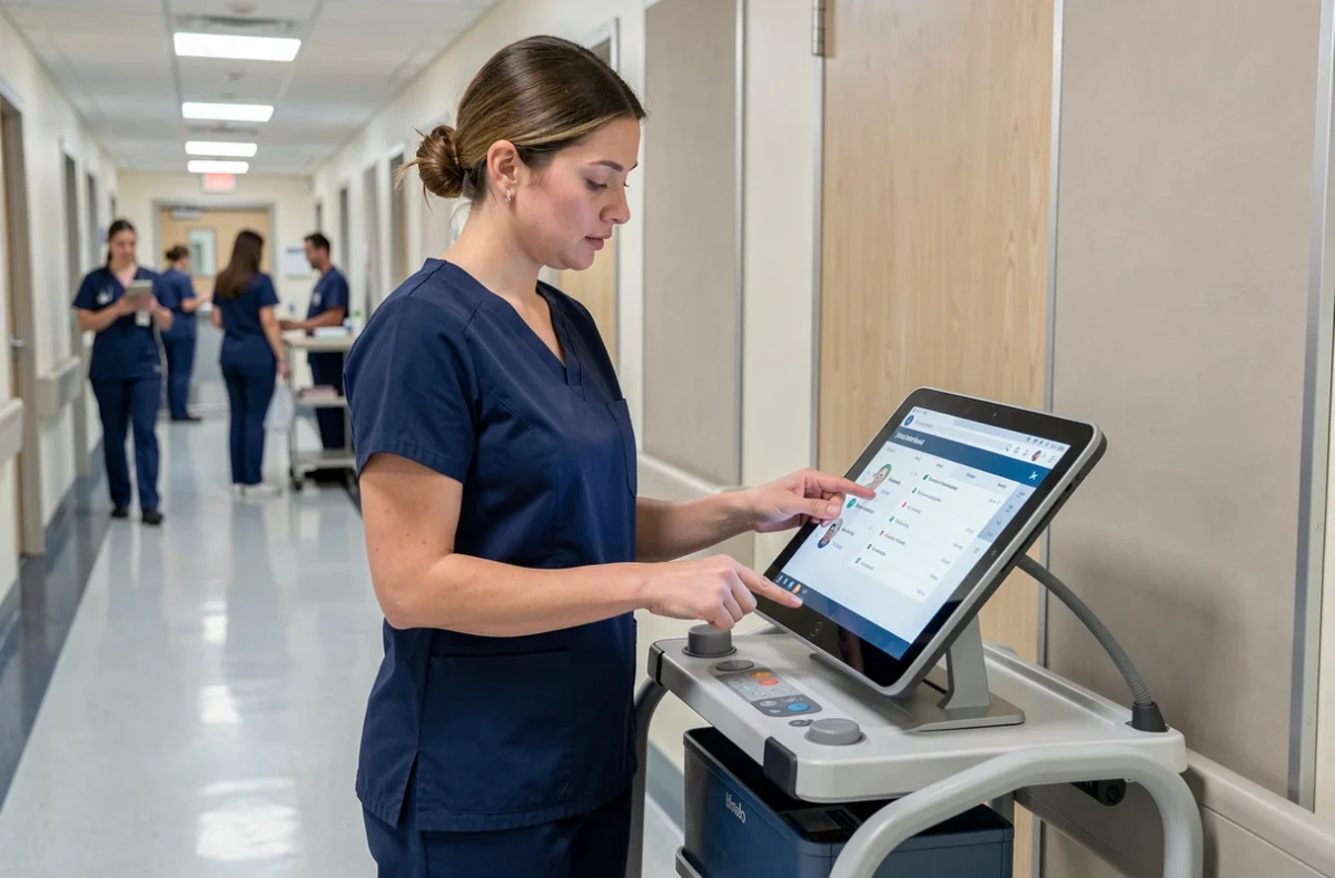 Infirmière utilisant un portail de santé numérique sur tablette dans un couloir d'hôpital