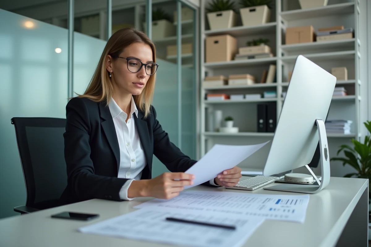 Jeune femme enquêtrice au bureau moderne