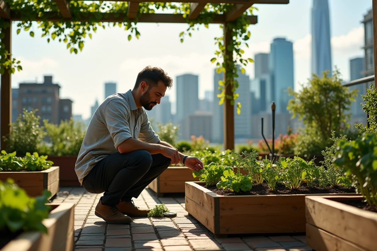 Jardin urbain sur toiture aménagé avec des bacs potagers en bois, une pergola végétalisée et un sol en briques recyclées dans un quartier moderne